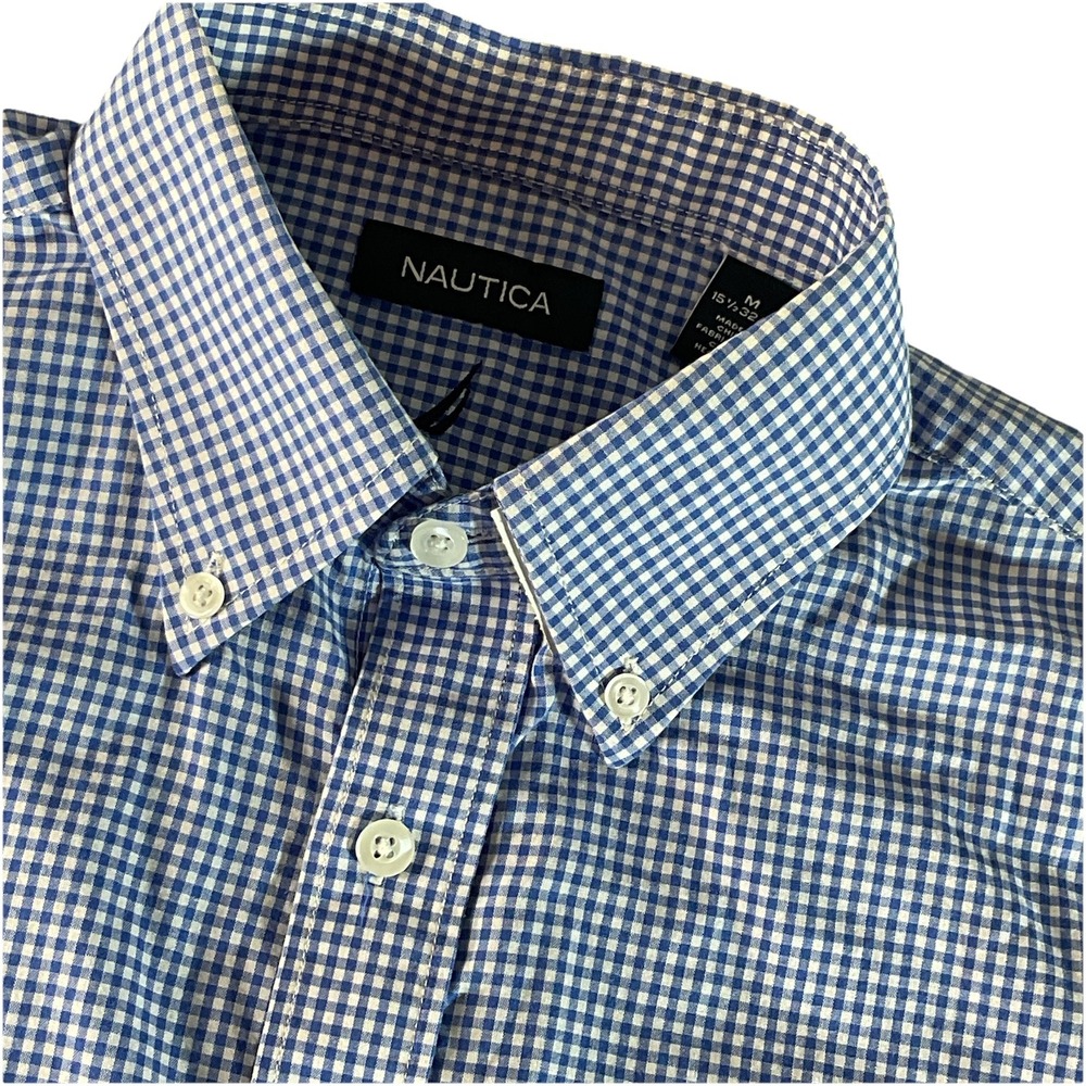 Nautica Shirt Medium Blue Buffalo Check Button Down Long Sleeve Cotton Mens